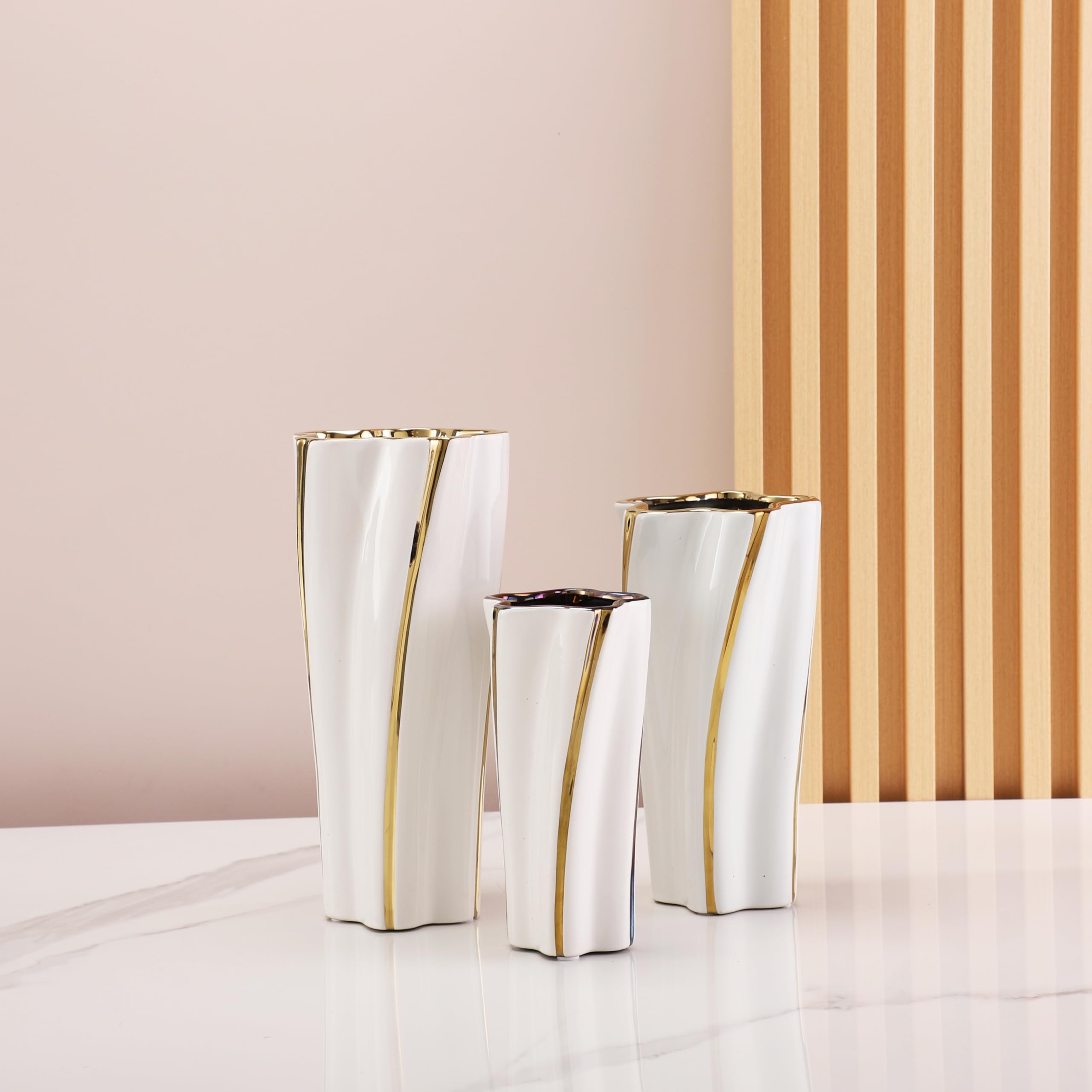 White and Gold Vase, Ceramic Gold Vase Home Decor,Pentagon White Gold Vase