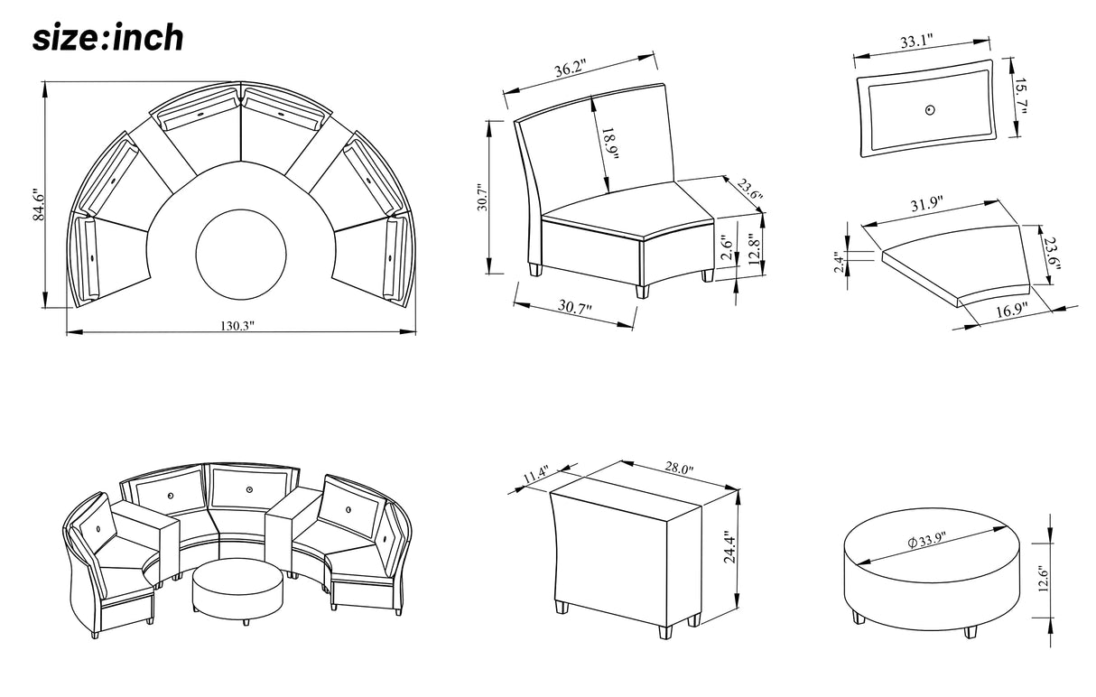 9-Piece Outdoor Half-Moon Furniture Set Patio Sofa Set