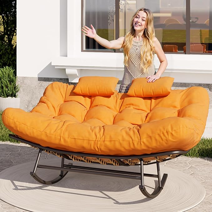 Oversized Outdoor Rocking Papasan Chair,Double Patio Rocking Chair for 2-Person