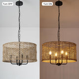 20in Rattan Chandelier 4-Light Wicker Boho Hand Woven Drum Shade Farmhouse