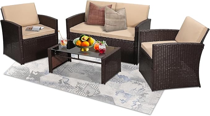 4 Pieces Patio Conversation Set, Outside Rattan Sectional Sofa, Cushioned Furniture Set