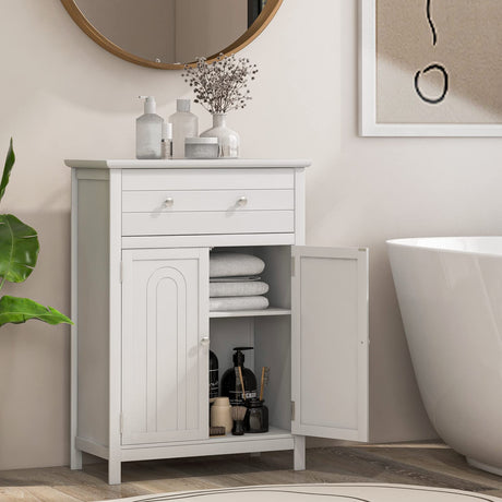 White Bathroom Cabinet, Freestanding Wooden Storage Cabinet w/Large Drawer & Cabinet,