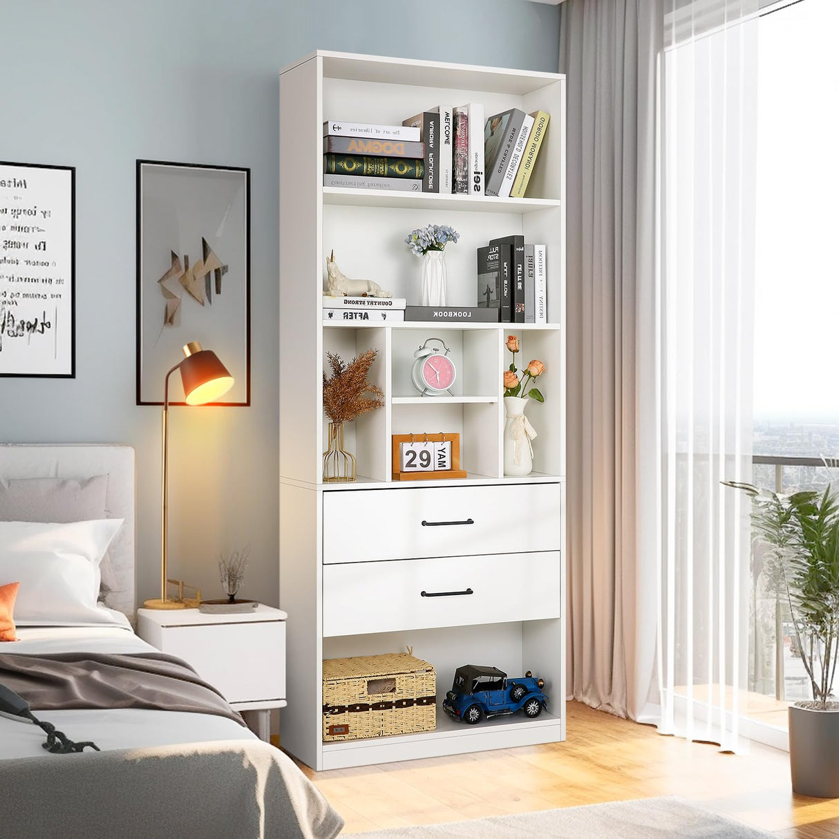 White Bookshelf, 71" Tall Bookcase with 2 Drawers, Wooden Bookcases 4-Tier Open Shelves