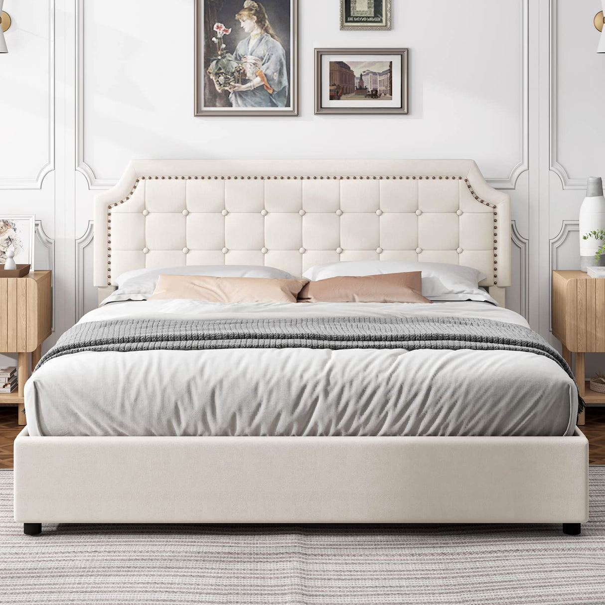 Upholstered Queen Bed Frame with 4 Storage Drawers, Platform Bed Frame with Curved