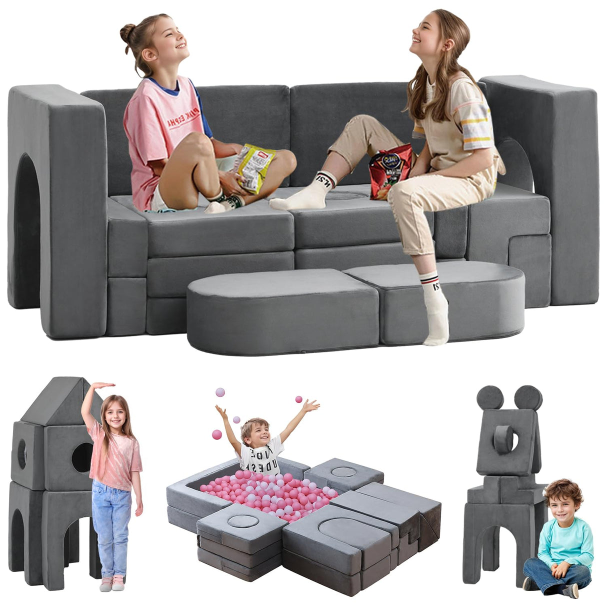 Modular Play Couch, Floor Sofa, 1000+DIY Creativing Playroom Furniture for,Convertible