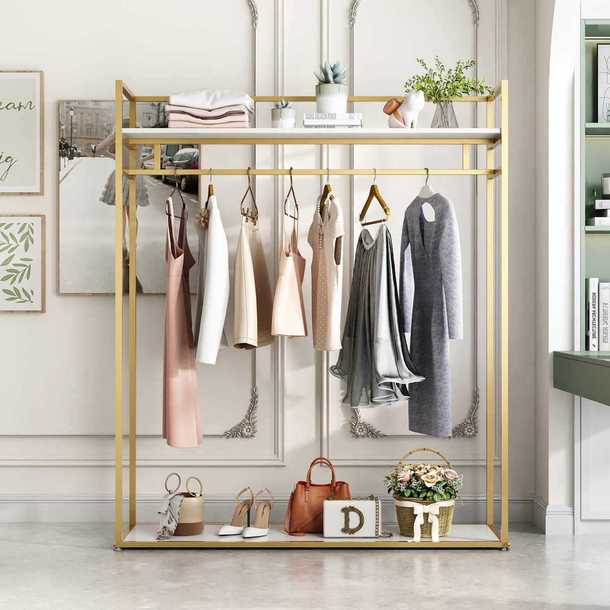 Heavy Duty Clothing Rack with Shelves for Hanging Clothing, Gold Metal