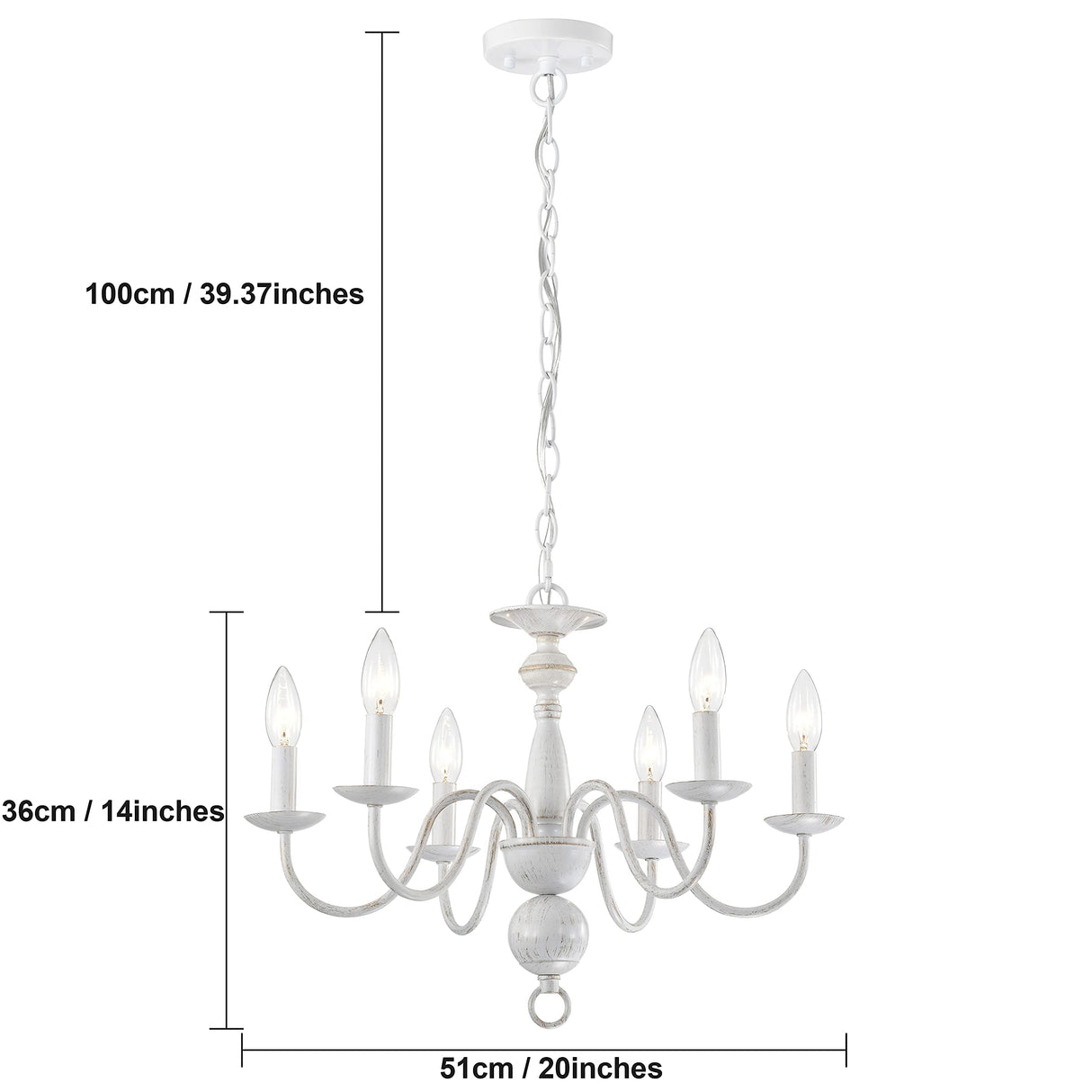 French Country Chandelier 6-Light Modern Farmhouse Chandelier for Dining Room Rustic Chandelier for Bedroom White Metal Chandelier Candle Style for Kitchen