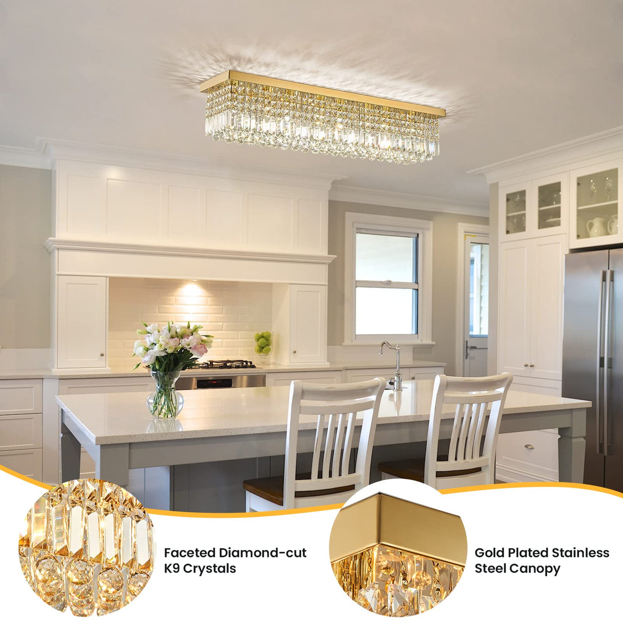 8-Lights Rectangular Flush Mount Ceiling Light Gold Rectangle Modern Crystal Chandelier