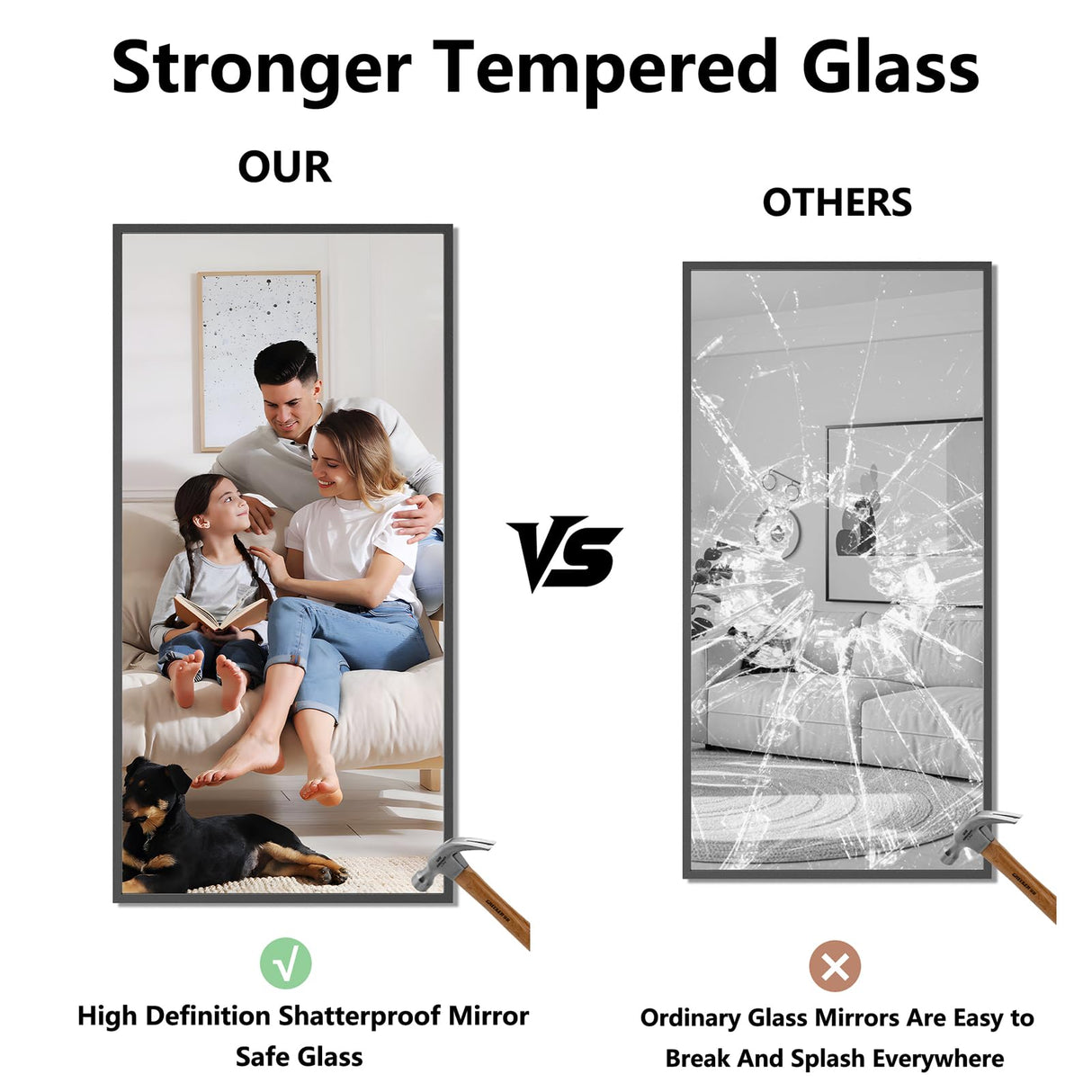 24x48 Black Bathroom Mirror - Shatterproof Tempered Glass Wall Mirror