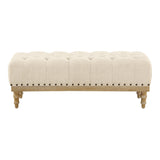 Abigail Bench with Tufted Top and Antique Bronze Nailheads, Linen Fabric