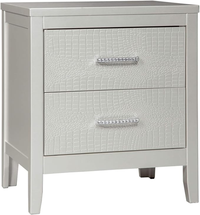 Olivet Glam 2 Drawer Nightstand with Faux Shagreen Drawer Fronts, Silver