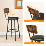 Bar Stools, Set of 2 Bar Stools with PU Upholstered, Bar Chairs with Footrest and Back