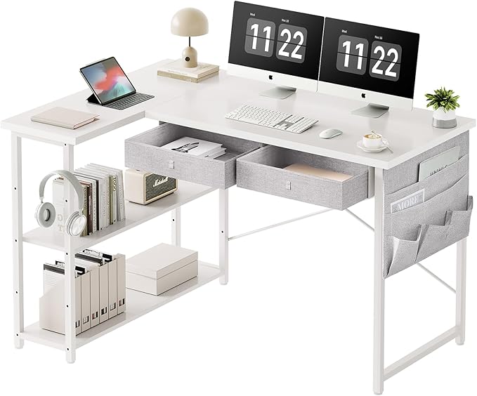 Small Desk with Drawers, 39" Corner Desk with Storage, Computer Desk with Shelves and Side Pouch, Study Table for Small Space with Storage, Corner L Shaped Desk for Home Office Bedroom, White