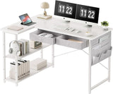 Small Desk with Drawers, 39" Corner Desk with Storage, Computer Desk with Shelves and Side Pouch, Study Table for Small Space with Storage, Corner L Shaped Desk for Home Office Bedroom, White
