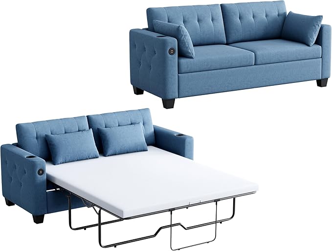 Pull Out Sofa Bed, 2-in-1 Convertible Sleeper Couch with Memory Foam Mattress