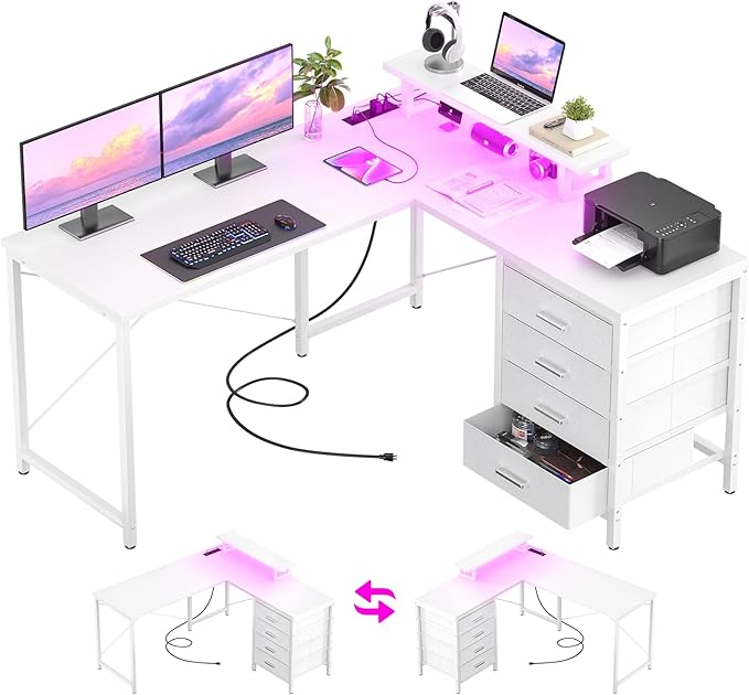 L Shaped Desk with Drawers & Power Outlets, Reversible Computer Desk with LED
