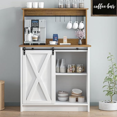 Farmhouse Coffee Bar Cabinet with Storage, Gray Coffee Bar with 6 Hooks