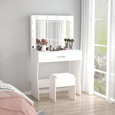 Desk with Mirror and 12 Lights 3 Color Modes, White Vanity Table for Bedroom