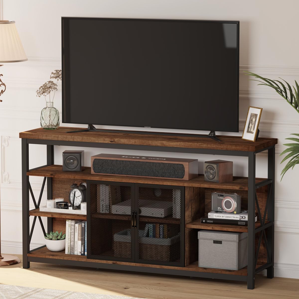 Tall TV Stand for TVs up to 65 Inch, Industrial Wood Entertainment Center with Storage