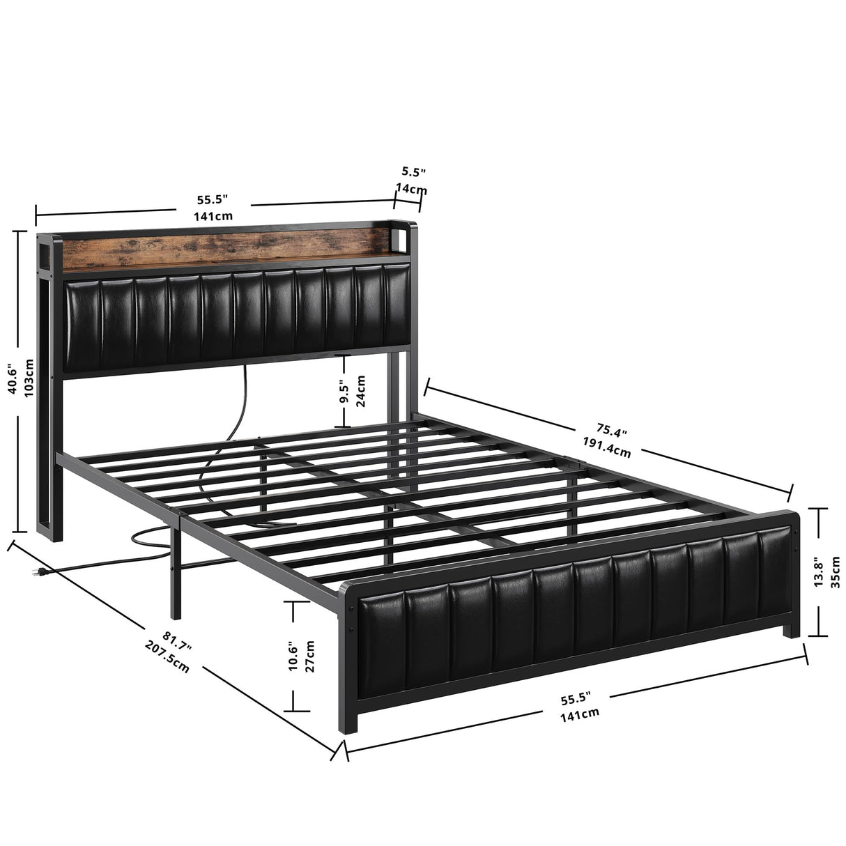 Full Bed Frame with Storage Headboard & Footboard, Upholstered Platform Bed with USB