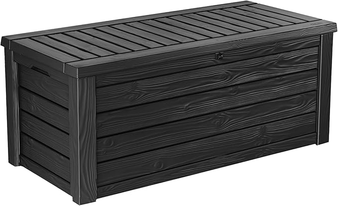 Outdoor Storage Deck Box, 150 Gallon Resin Patio Bin & Bench, Wood Grain, Brown