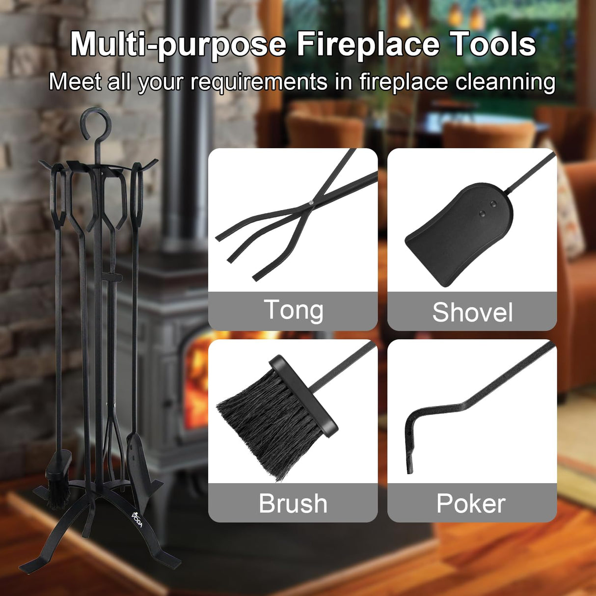 Fireplace Tools Set, 5-Piece Cast Iron 30.5" Fire Place Set Tools Indoor Fireside Accessories