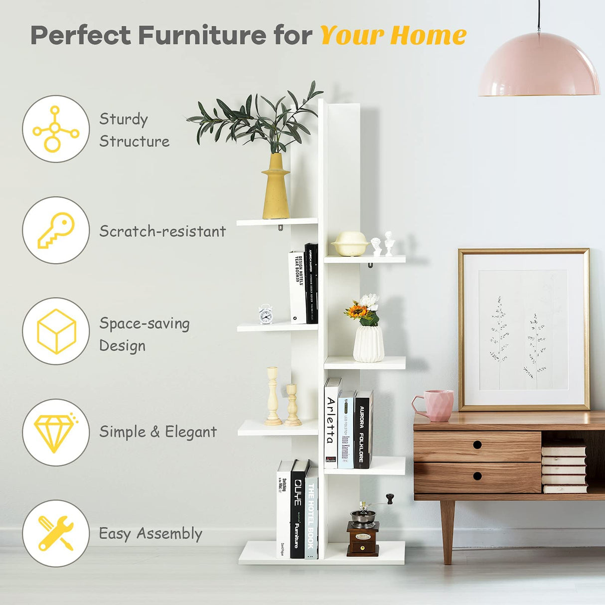 Bookshelf, Wooden Symmetrical Open Bookcase, Artistic Book Organizer