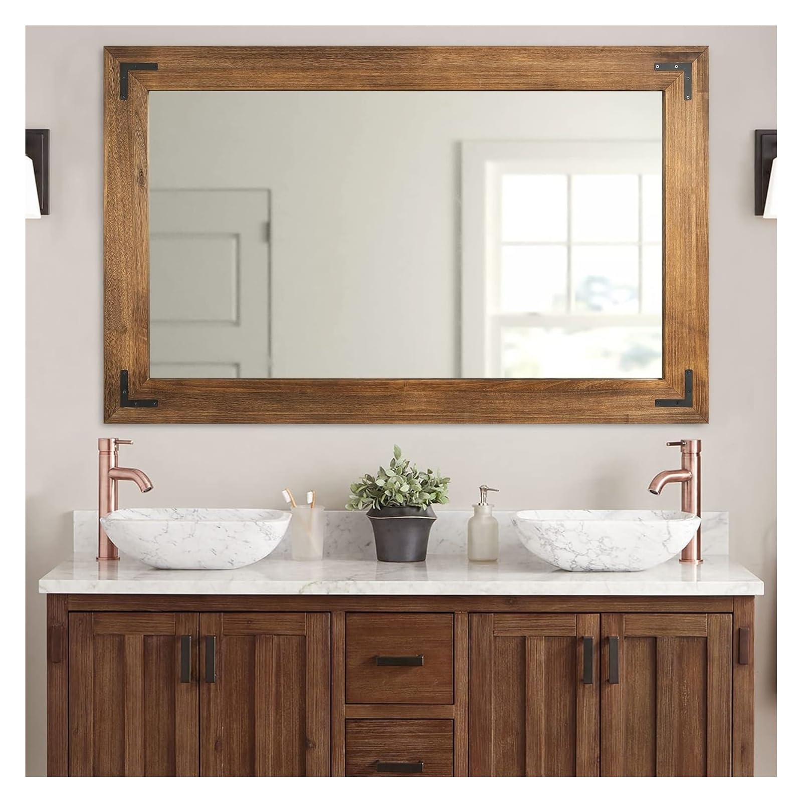 Rustic Wooden Framed Wall Mirror, Natural Wood Bathroom Vanity Mirror Compatible