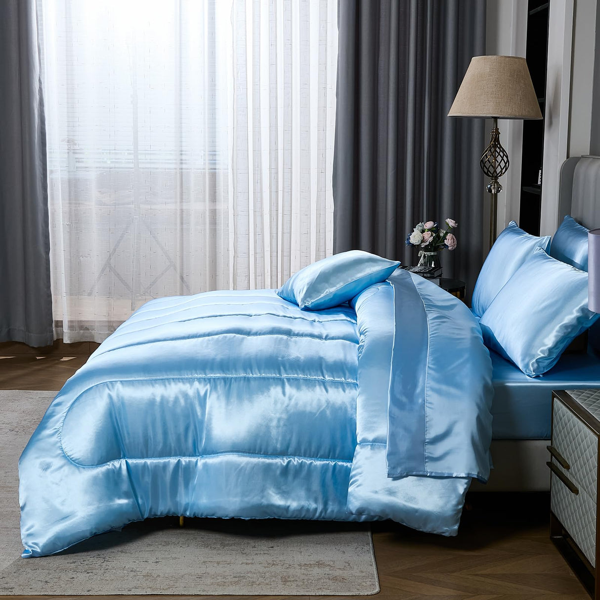 Silk Like Blue Comforter Set with Sheet Set Queen 8 Pieces Satin Bedding