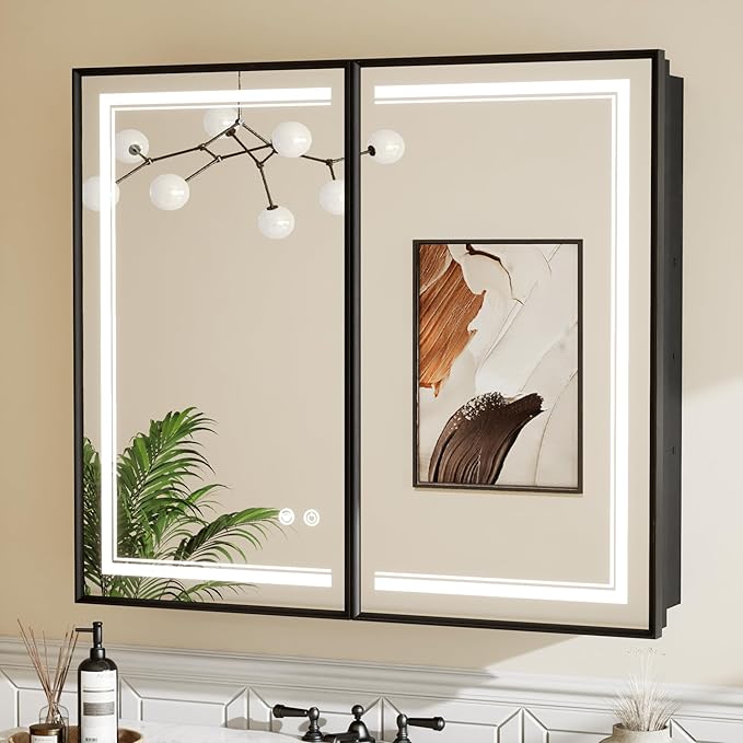 Black Led Bathroom Medicine Cabinet with Mirror 20 x 26 Recessed or Surface Mount
