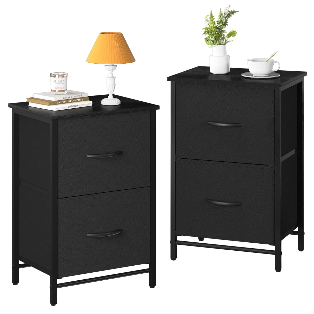 Night Stand Set 2, Nightstand with 2 Fabric Drawers, Small Wood Nightstands for Bedroom