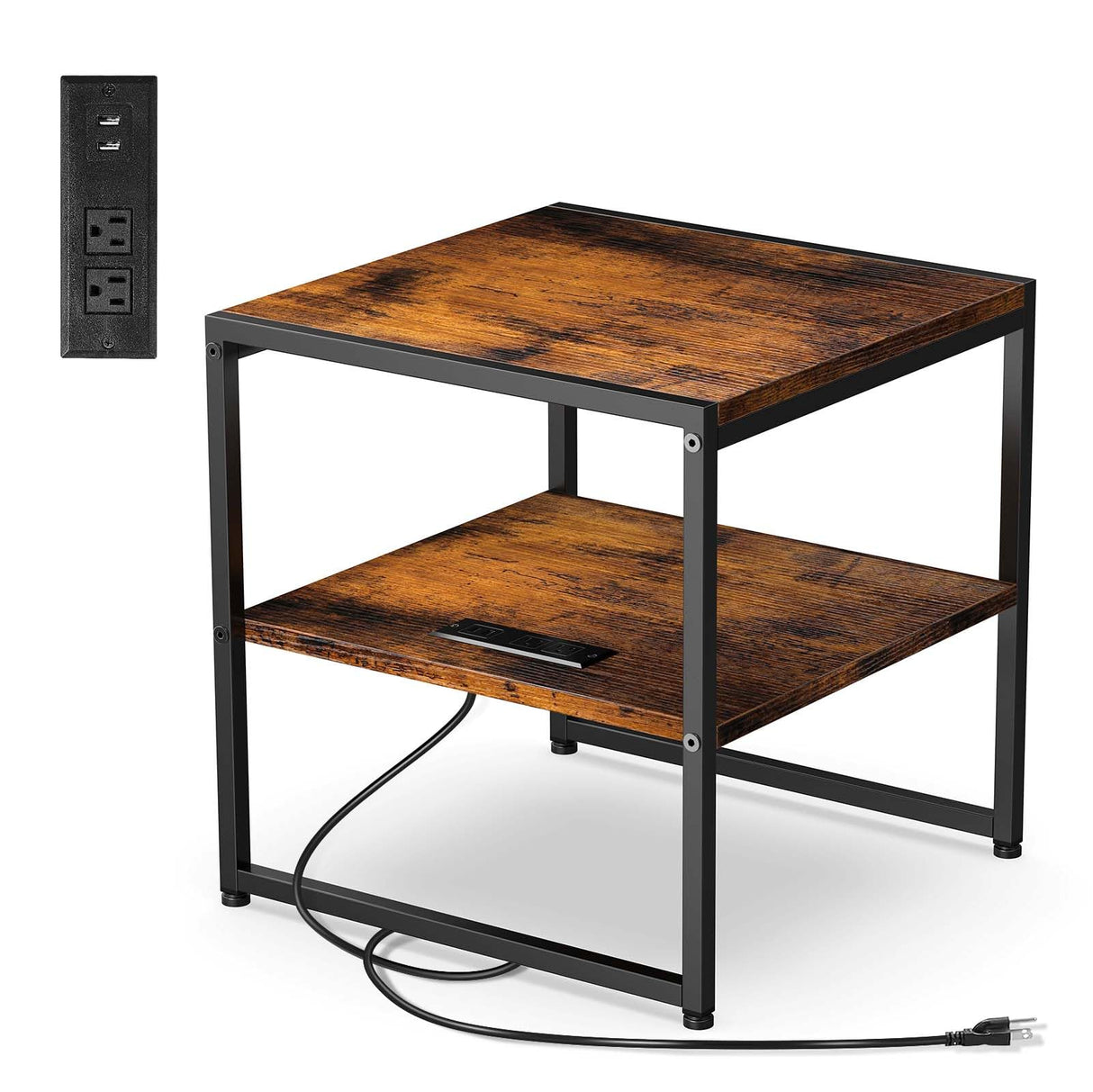 20" End Table with Charging Station, Industrial Square Side Table