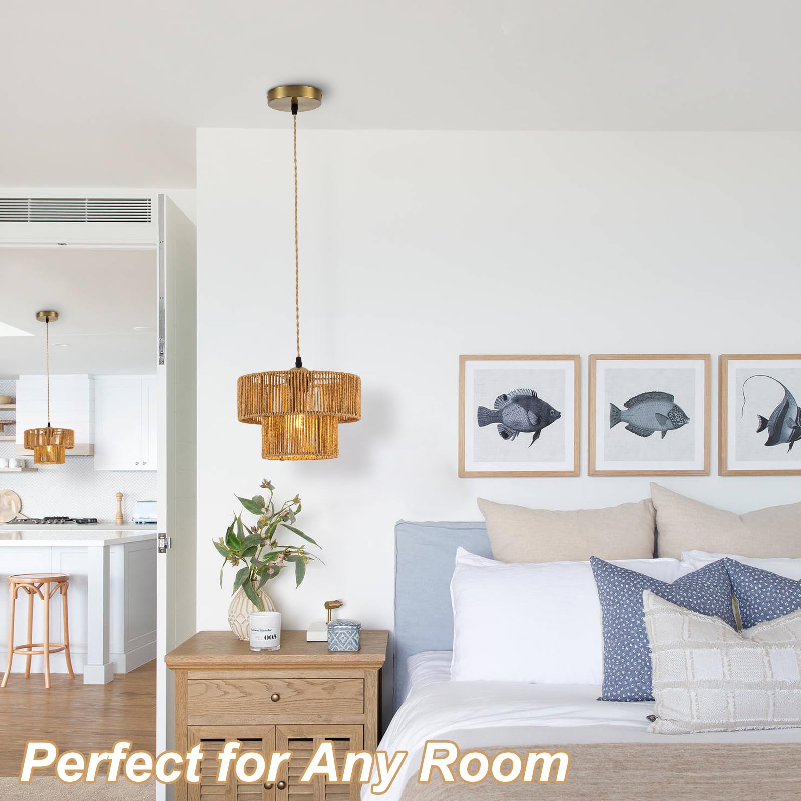 Farmhouse Rattan Pendant Light Fixture Vintage Boho Hand-Woven Bamboo Pendant