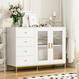 finetones Sideboard Buffet Cabinet with Storage, 47.2" White Gold Kitchen Cabinet with Fluted Glass Doors and Gold Metal Legs,