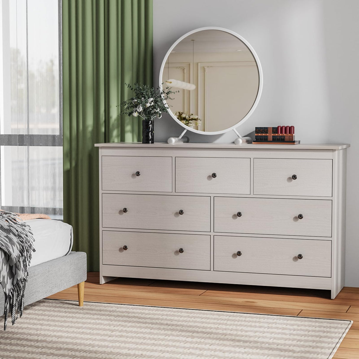 Dresser for Bedroom, 55" Long Dresser, Beige Dresser with Deep Drawer and Metal Hand