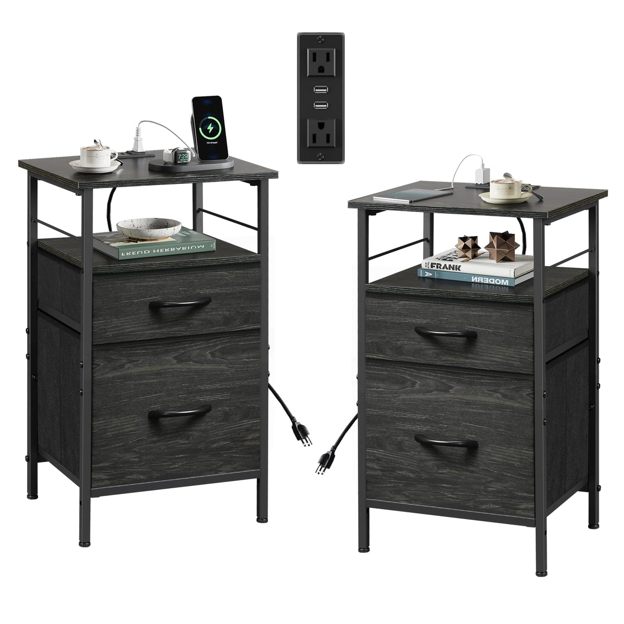 Night Stand Set 2, Black Nightstand with Charging Station, Bedside Tables for Bedroom