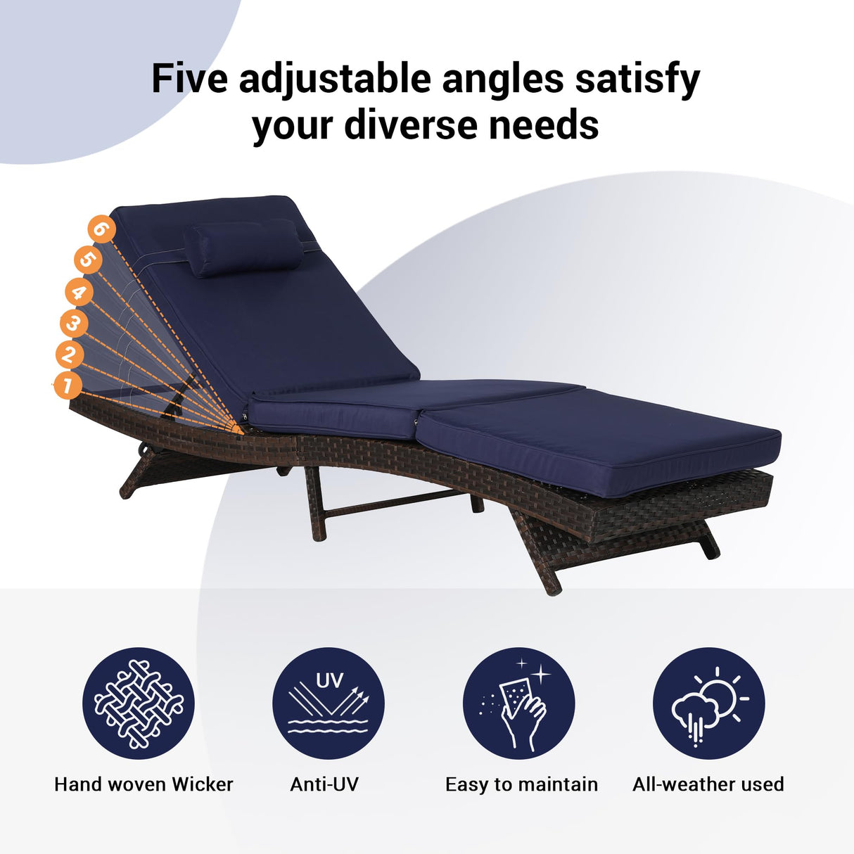 KEIKI Outdoor Long Reclining Chair Set of 2, PE Wicker Chaise Lounge Chairs with 5-Level Adjustable Backrest, Sunbathing Chairs Recliner up to 150° for Poolside, Garden, Beach, Deck, Dark Blue