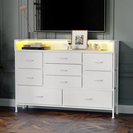 White LED Dresser for Bedroom, Dresser with 9 Drawers and Charging Station, Fabric