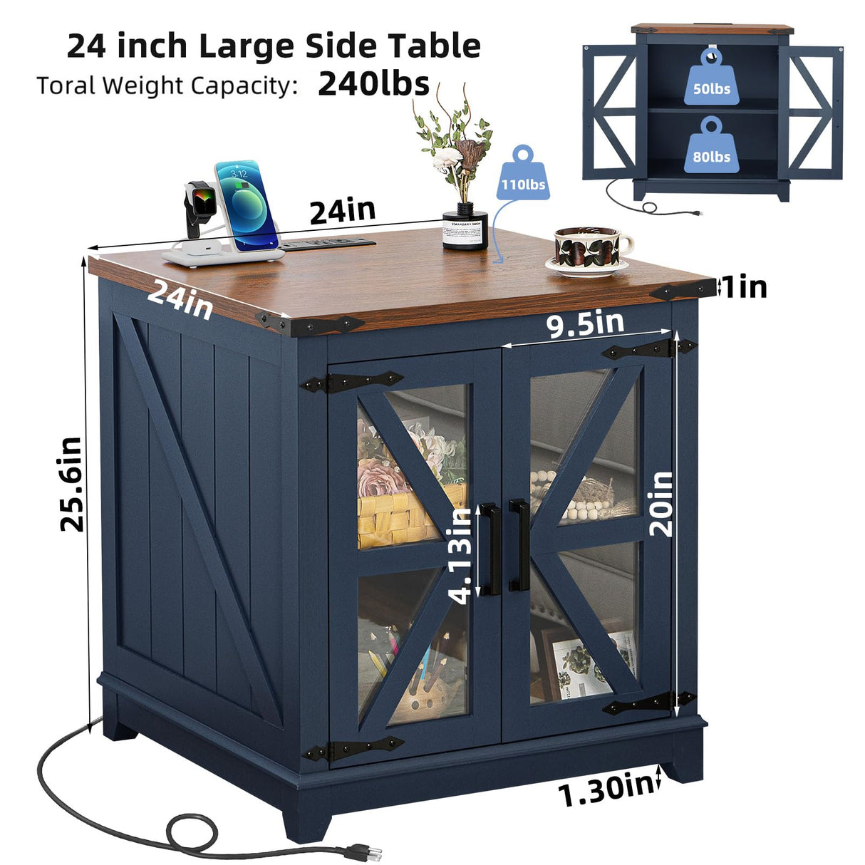 Farmhouse End Table with Charging Station, 24" Large Sofa Side Table