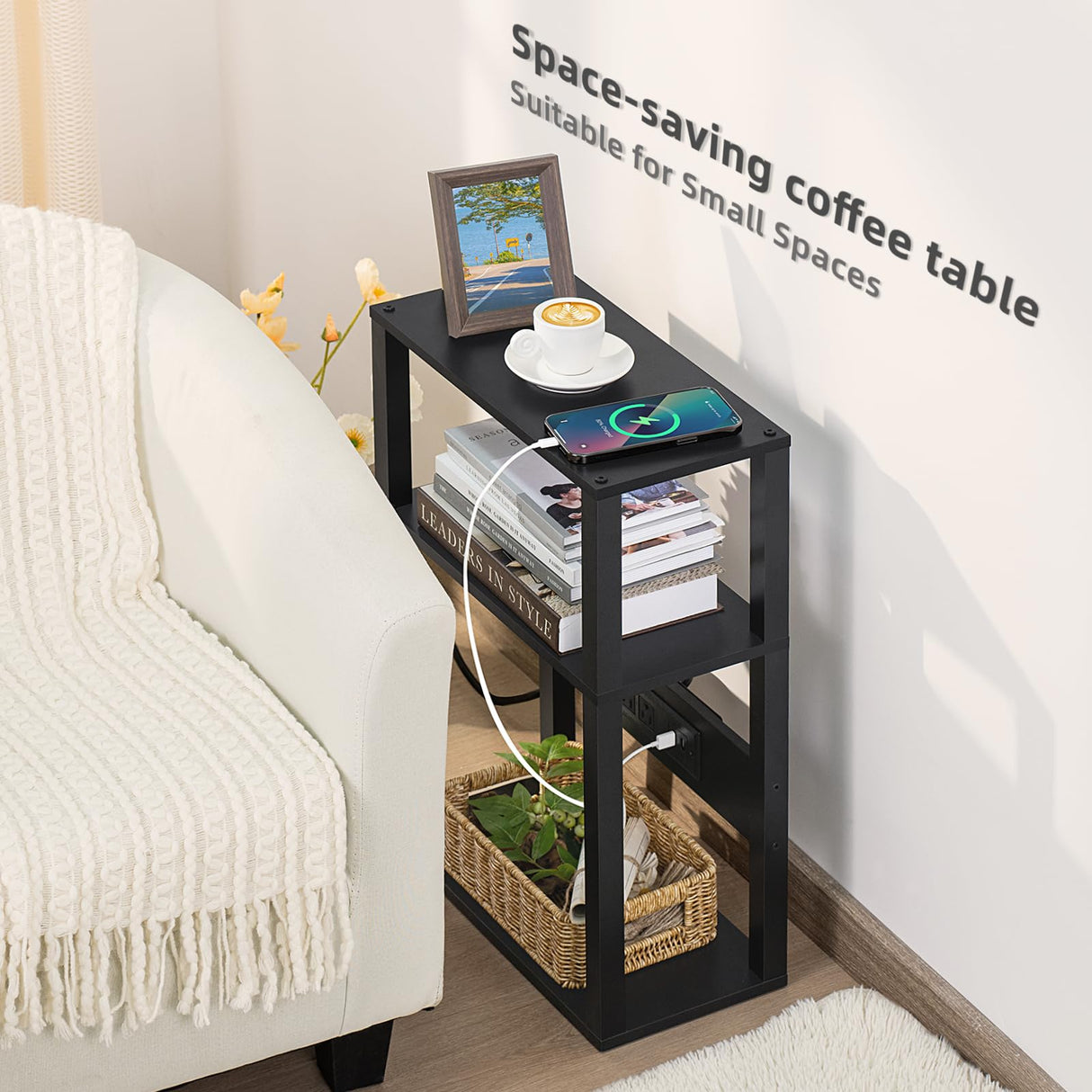 Small Narrow Wood Side Table with Charging Station, Skinny Nightstand for Small Space,