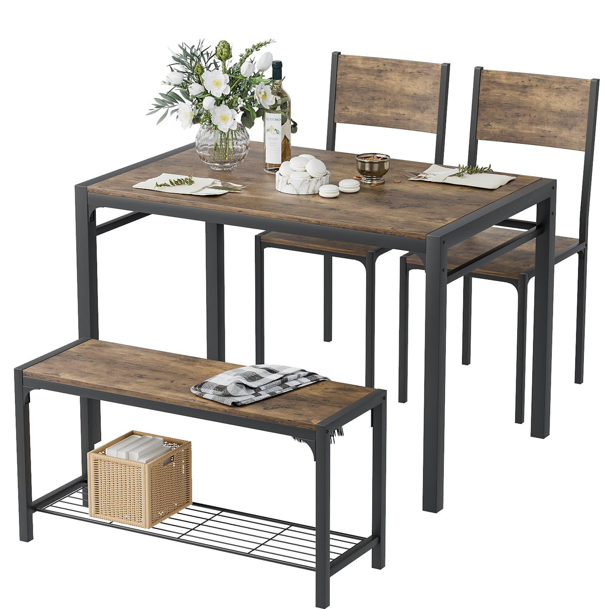 Kitchen Table and 2 Chairs for 4 with Bench, 4 Piece Dining Sets for Small Space