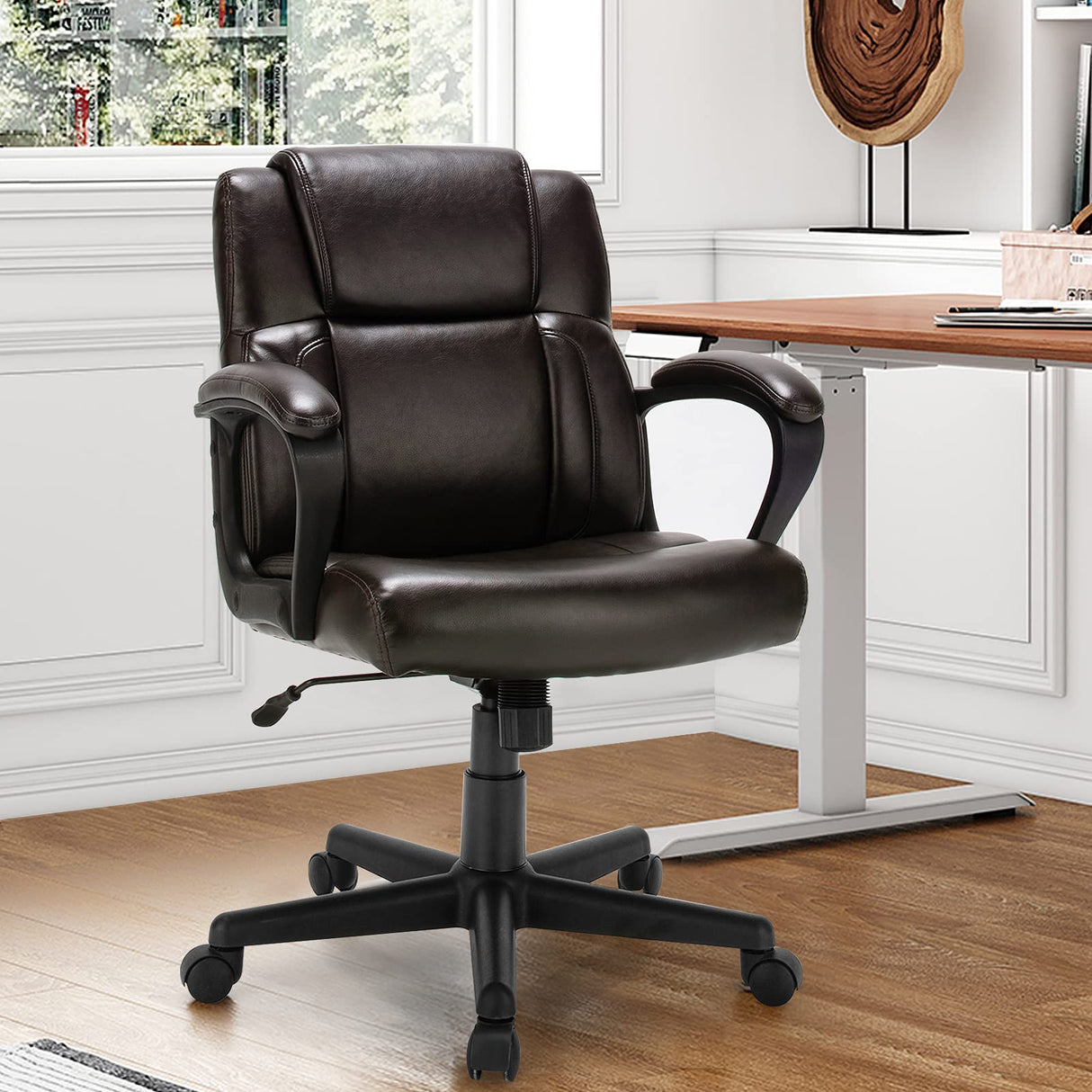 Ergonomic Mid Back Executive Chair - Brown Leather Office Chair with Adjustable Height