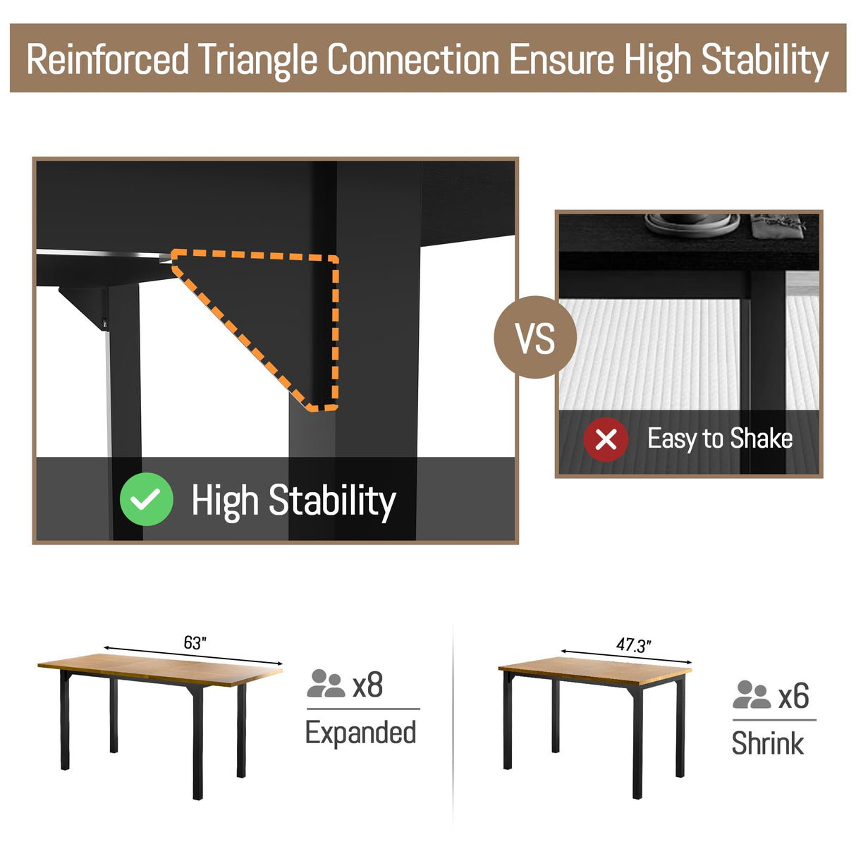 TOLEAD 63 Inch Dining Table Set for 4-8, 3-Piece Extendable Kitchen Table Set with 2 Benches, Metal Frame & Wood Board, Space-Saving Breakfast Dining Room Table Set for Home Kitchen, Walnut