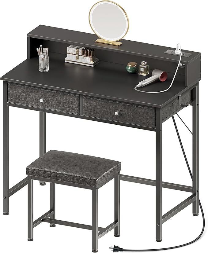 Vanity Desk Without Mirror, Makeup Vanity with Drawers and Charging Station