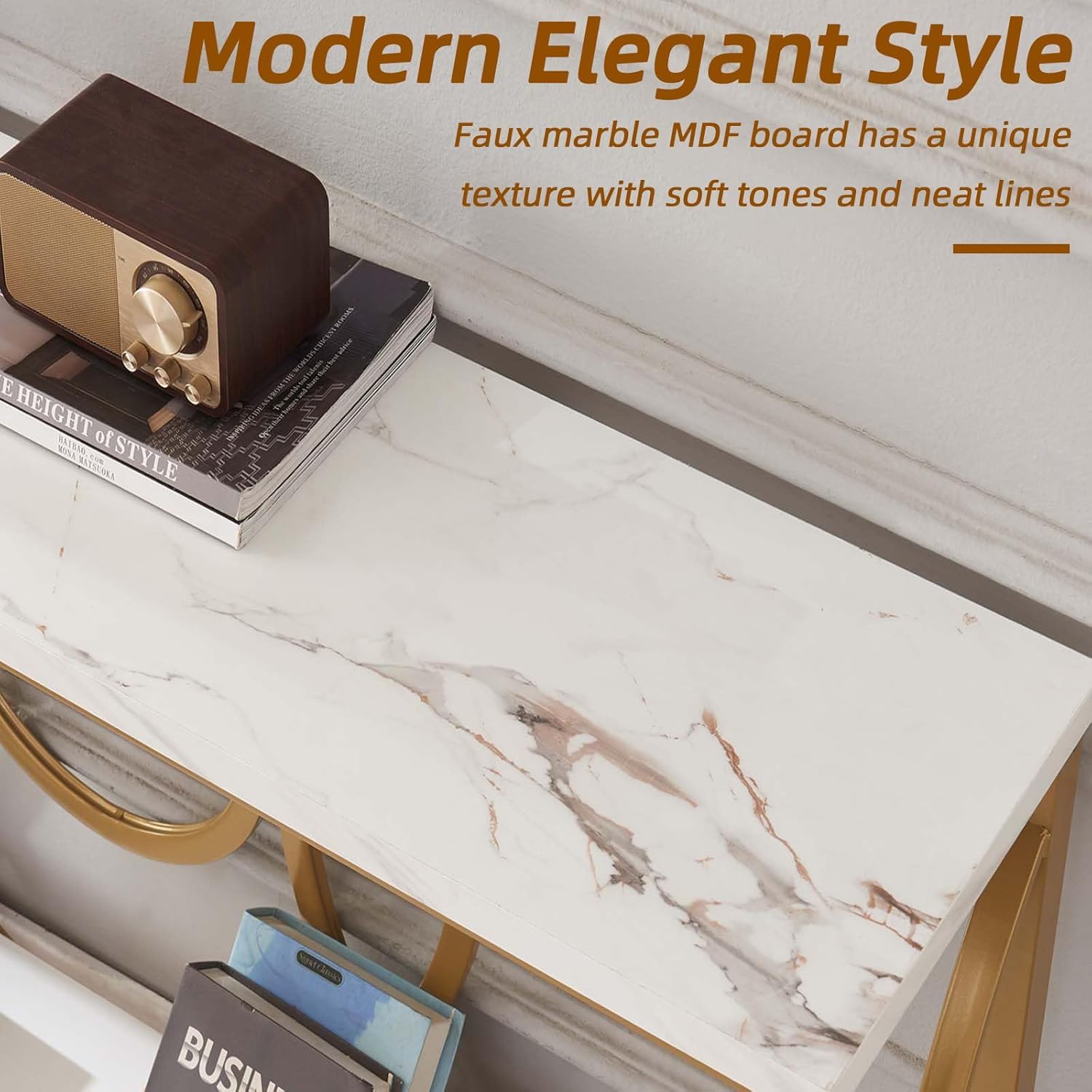 Gold Entryway Console Table with Faux Marble Top - 55 Inch Modern Sofa Table