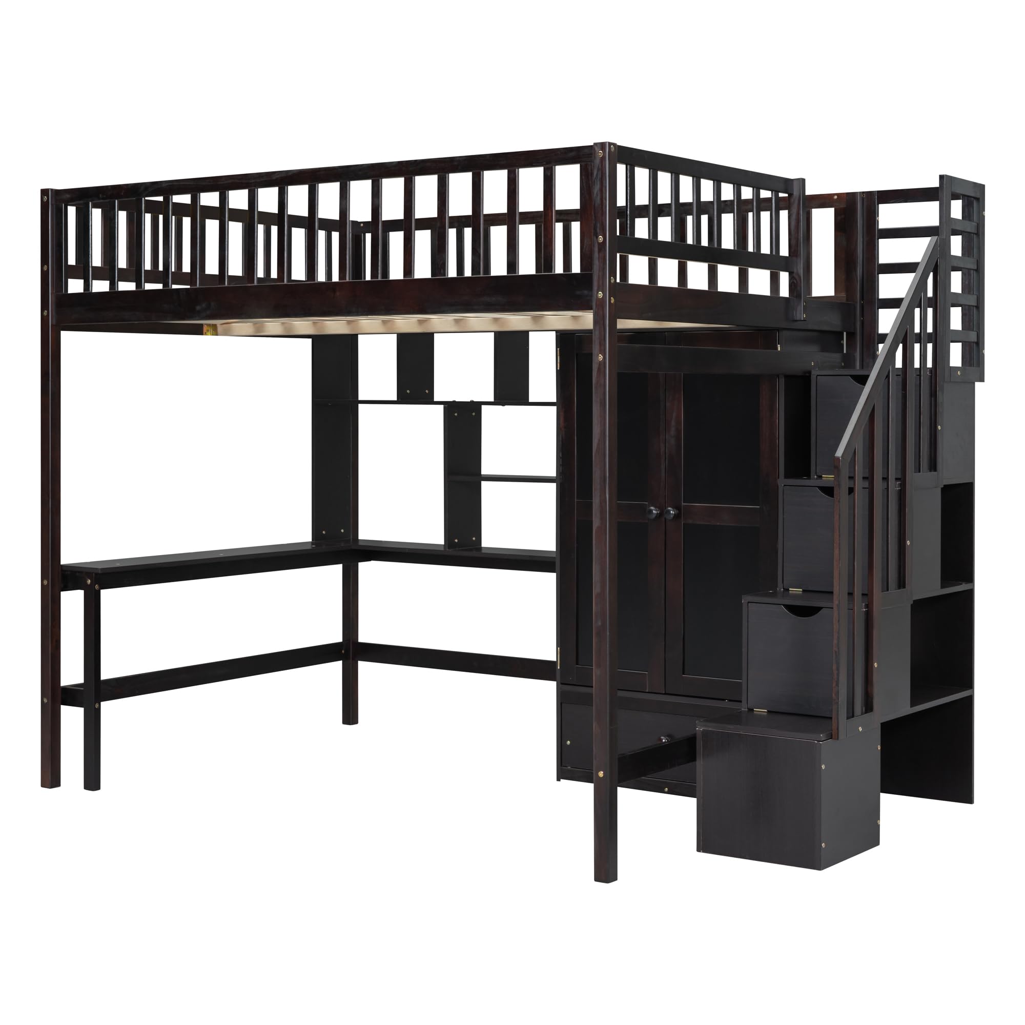Loft Beds Stairway Loft Bed Frame with Wardrobe, Desk, Bookcase and Drawers, Espresso