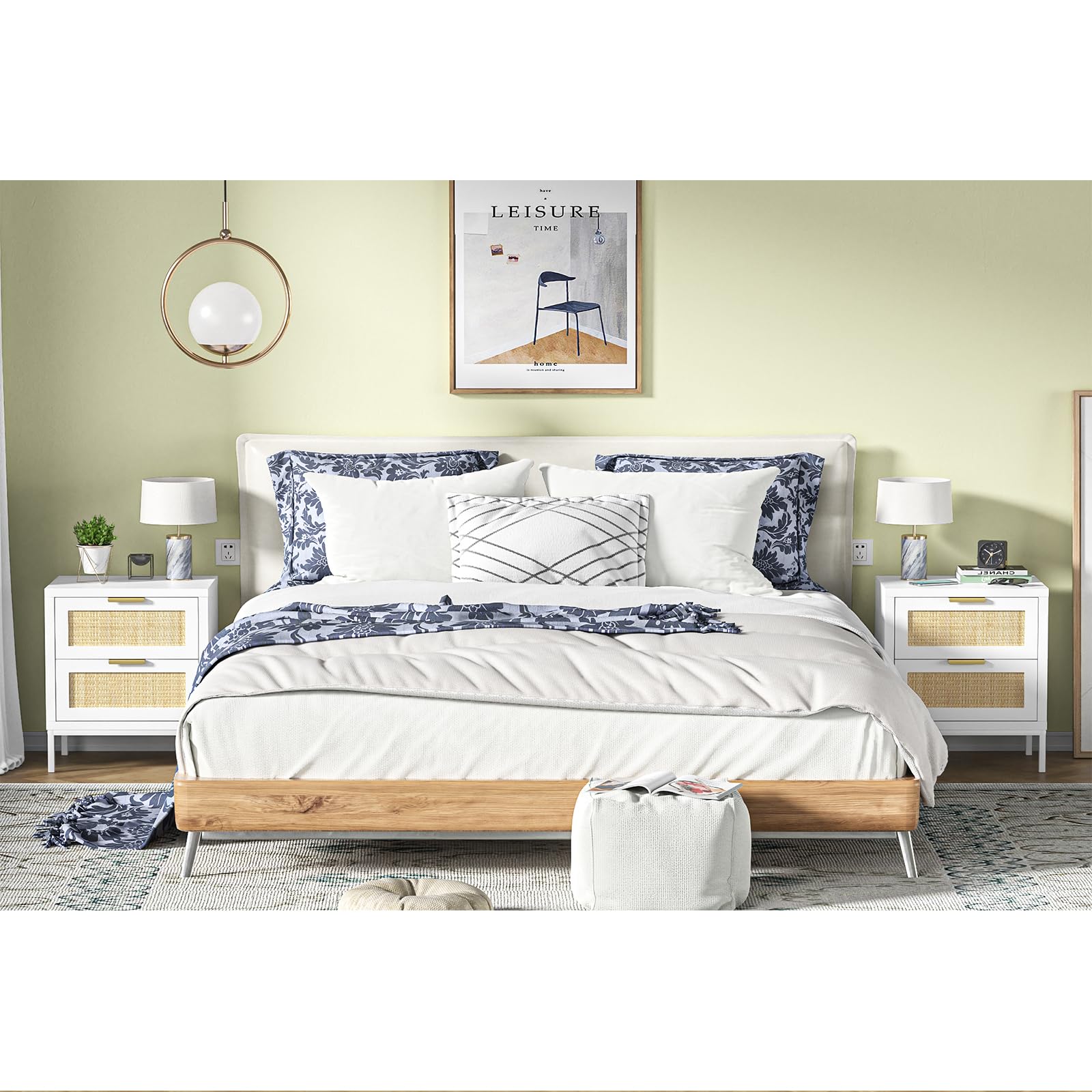 White nightstands with 2 Drawers, Natural Rattan Night Stand