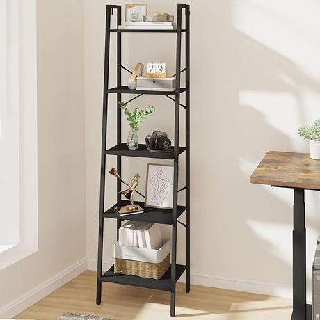 Ladder Shelf, Bookshelf Bookcase, Freestanding Corner Storage Shelve with 2 Hooks for