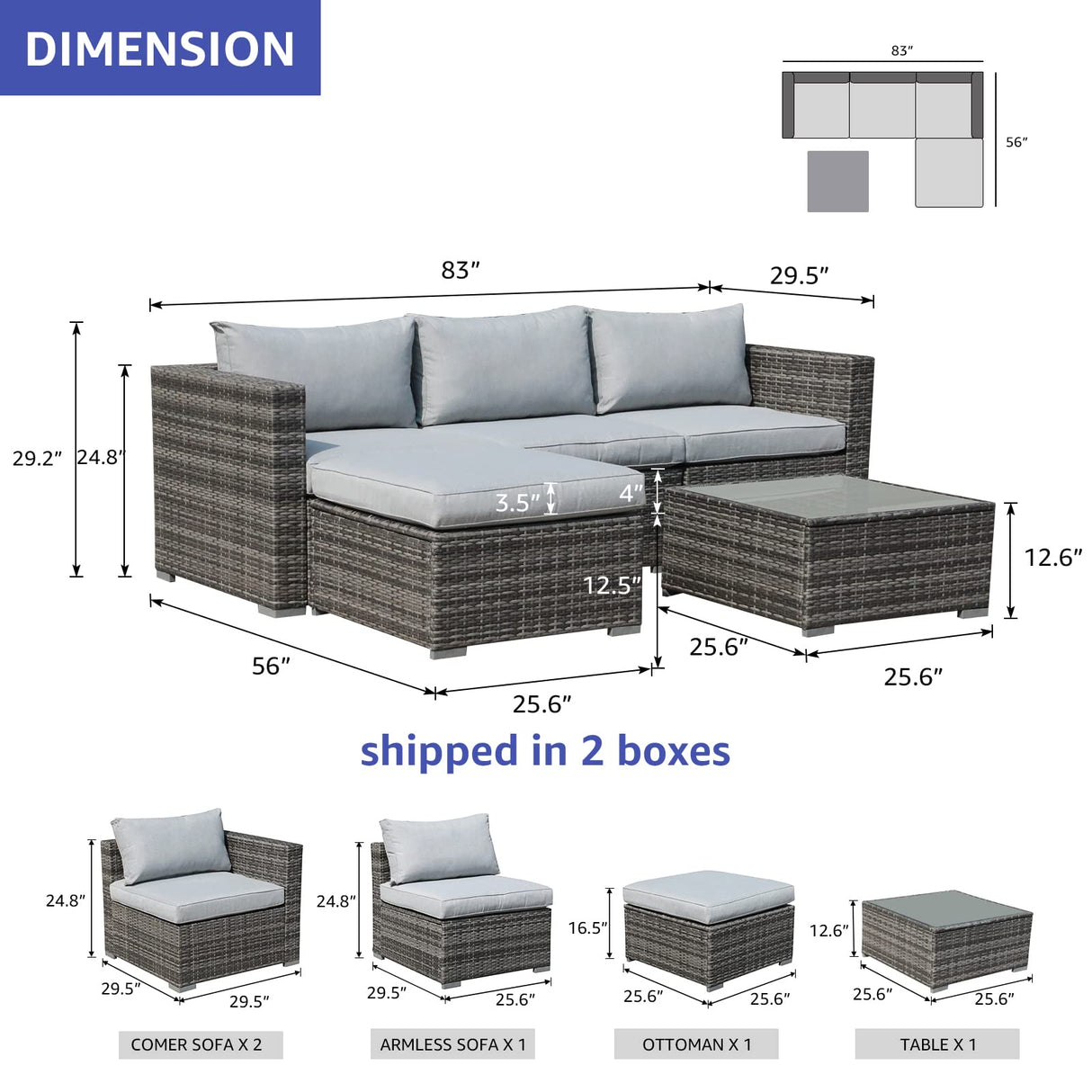 Outdoor Patio Furniture Set, Sectional Conversation All-Weather Grey PE Wicker