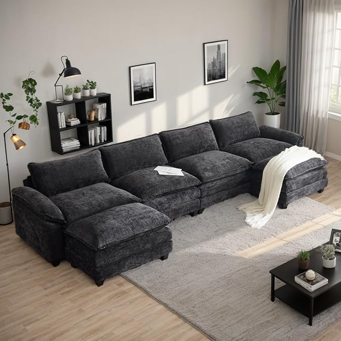 Sectional Sofa Modular Deep 4-Seat Sofa Couch with 2 Ottomans, Chenille Sofa Sleeper